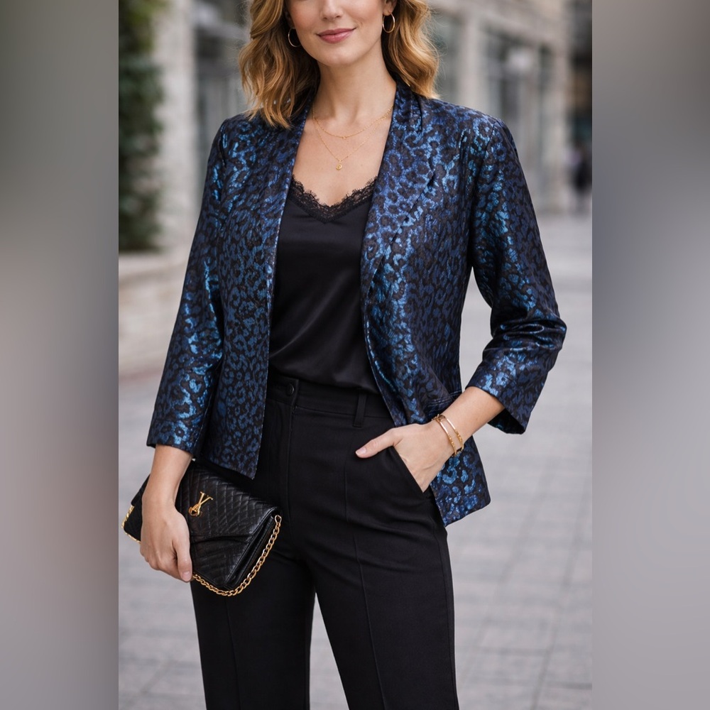 Chico’s Blue & Black Animal Print‎ Shimmer Jacket – Size 2 (Women’s 12)